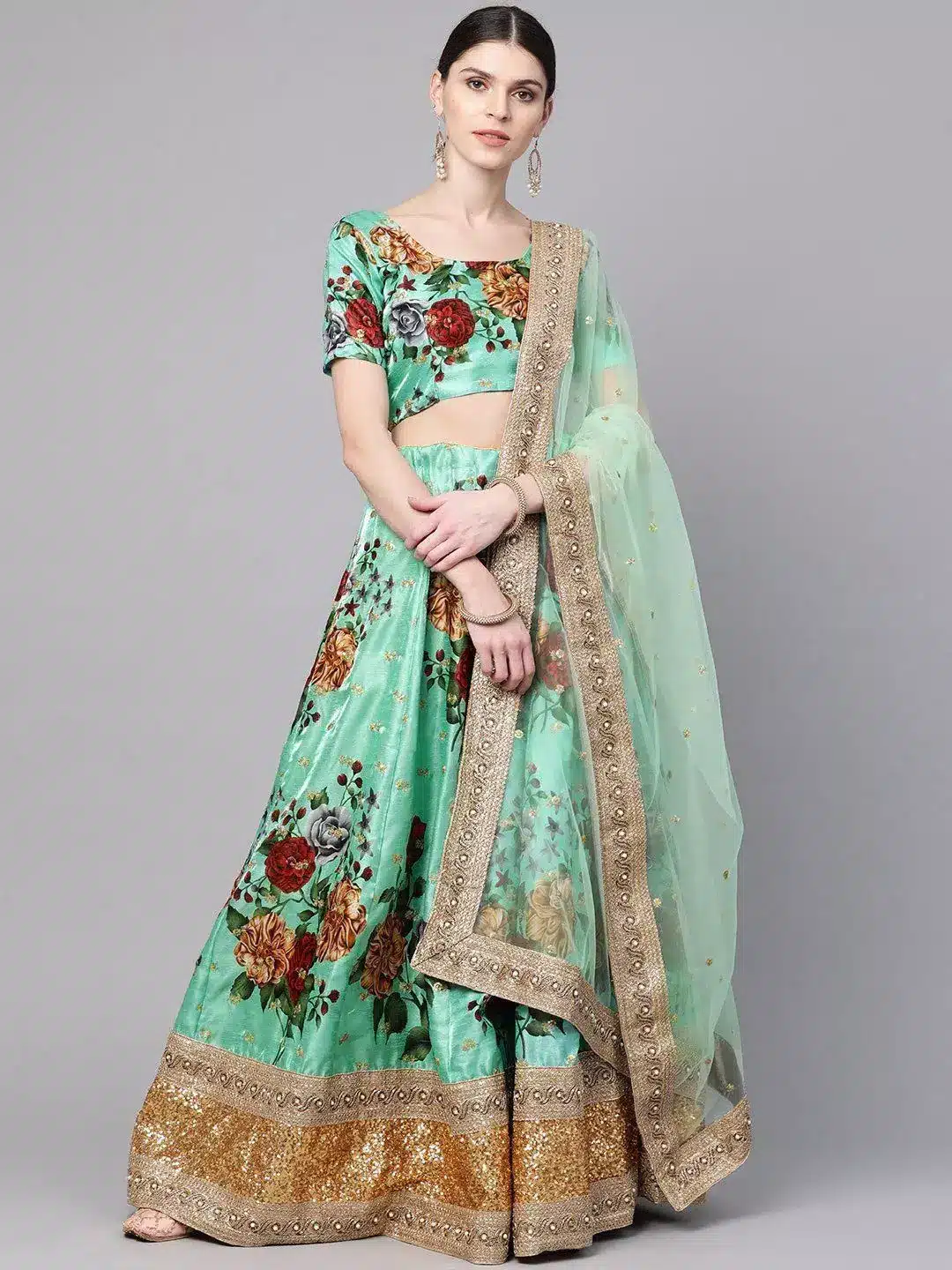 Green Floral Semi-Stitched Myntra Lehenga & Unstitched Blouse with ...